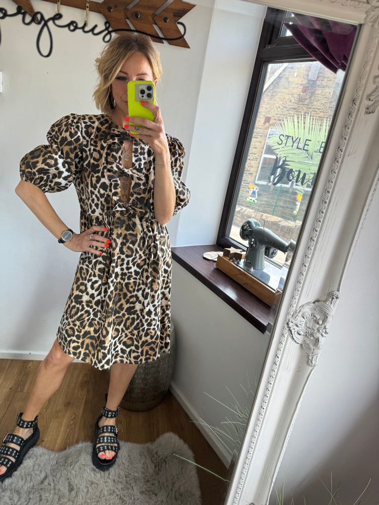 LEOPARD PRINT TIE FRONT DRESS -  The Style Society Boutique 