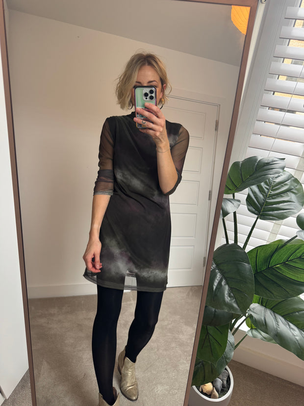 GATHERED MESH MINI DRESS