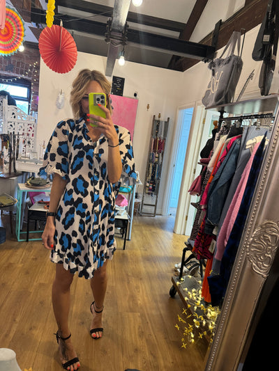 BLUE ANIMAL PRINT PLEAT DRESS -  The Style Society Boutique 
