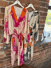 SATIN PRINT WRAP  DRESS IN ORANGE -  The Style Society Boutique 
