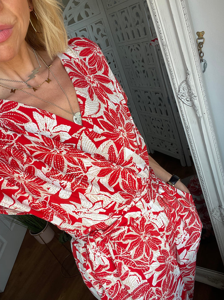 RED FLORAL JUMPSUIT WITH POCKETS -  The Style Society Boutique 