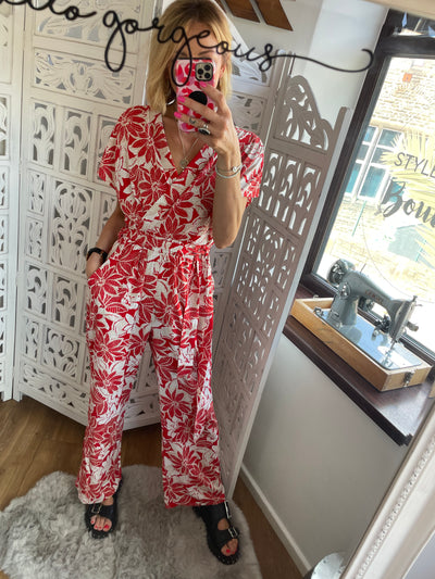 RED FLORAL JUMPSUIT WITH POCKETS -  The Style Society Boutique 